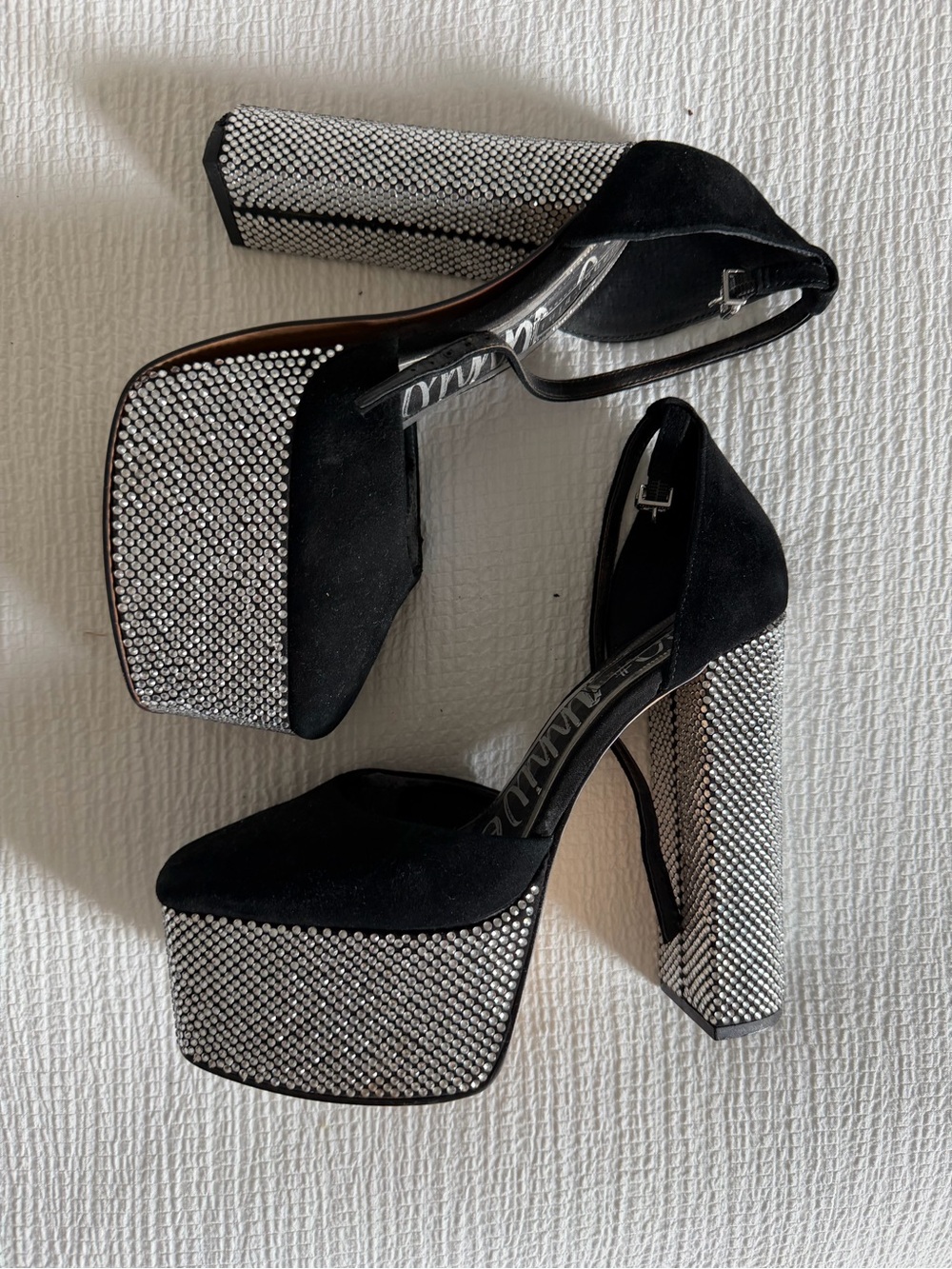 Black Suede Platform Pumps with Crystal-Embellished Heel